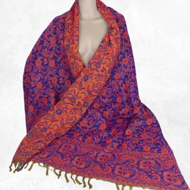 Châle de méditation népalais bleu orange 94 x 210 cm - Châle de méditation 100 x 200 cm