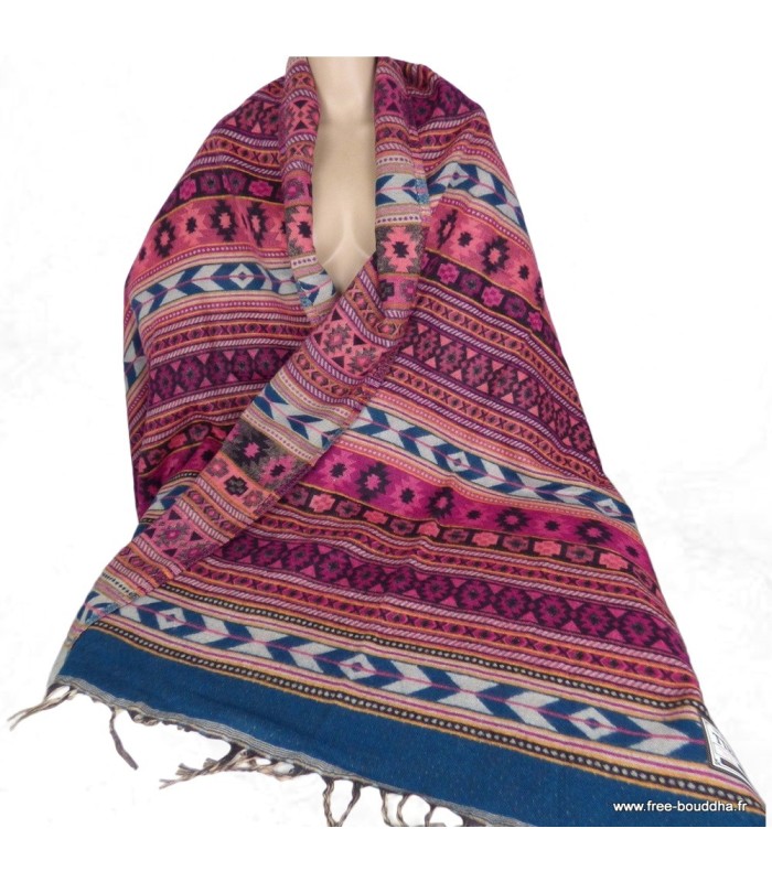 Châle de méditation ethnique fuchsia bleu – Format XL 92×210