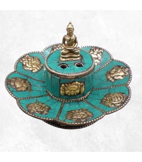 Porte-encens Bouddha turquoise naturelle – Cuivre artisanal Népal