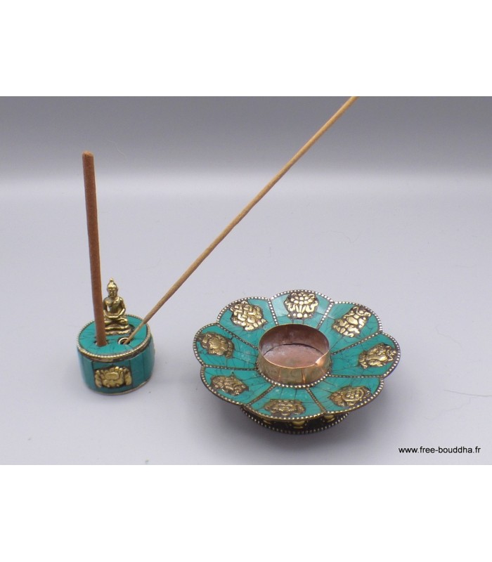Porte-encens Bouddha turquoise naturelle – Cuivre artisanal Népal