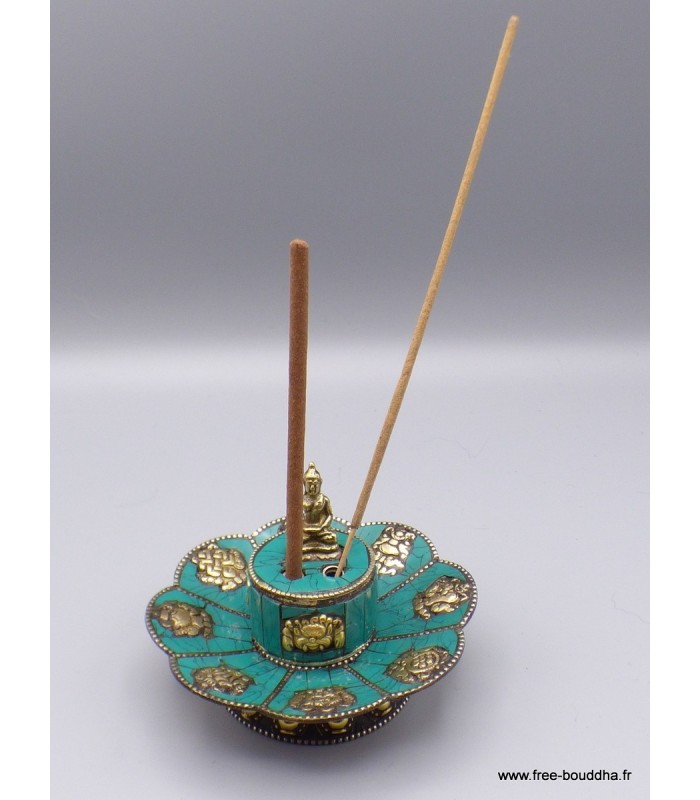 Porte-encens Bouddha turquoise naturelle – Cuivre artisanal Népal