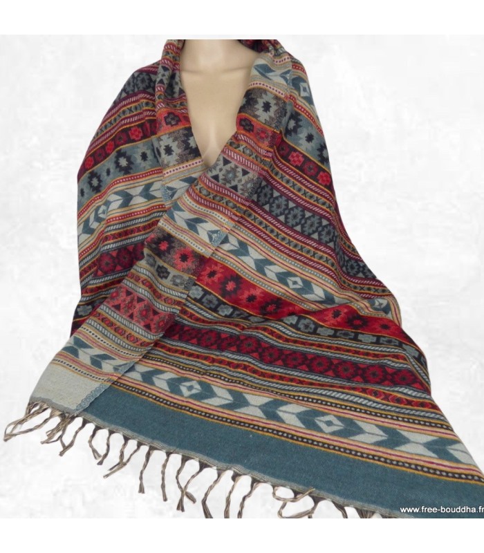 Grand châle népalais gris rouge 92x210 cm fabrication artisanale
