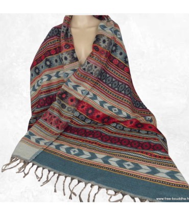 Grand châle népalais gris rouge 92x210 cm fabrication artisanale