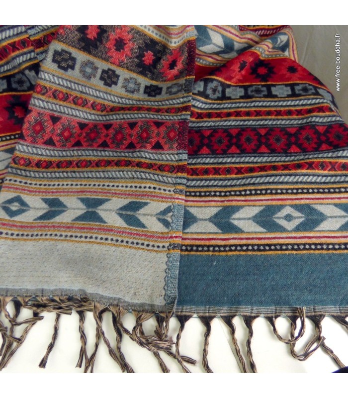 Grand châle népalais gris rouge 92x210 cm fabrication artisanale