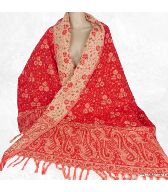 Couverture de méditation népalaise rouge écru 100x200 cm artisanale