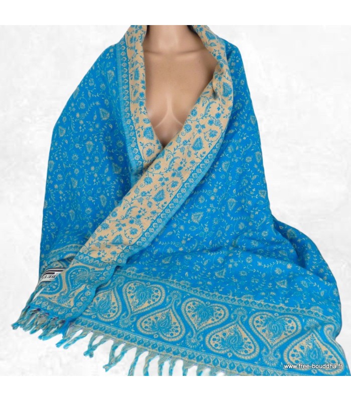 Couverture de méditation turquoise écru 100x200 cm réversible artisanale