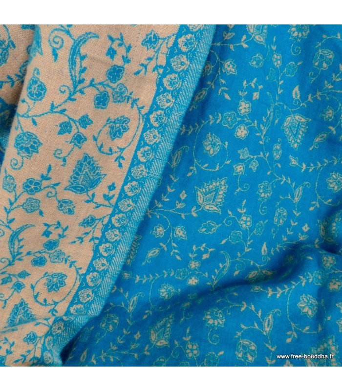 Couverture de méditation turquoise écru 100x200 cm réversible artisanale