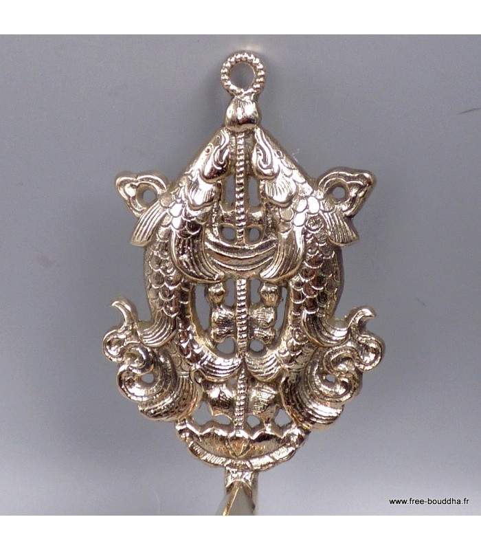 Moulin à prières tibétain mural en laiton – Poisson d’or – 20 cm