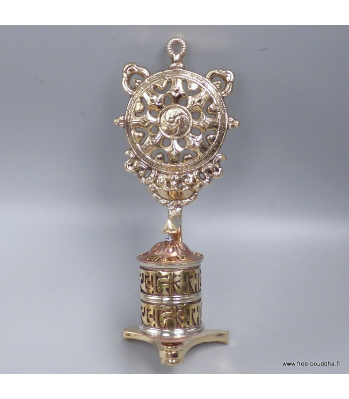 Moulin à prières bouddhiste mural, Roue du Dharma en laiton – 19 cm