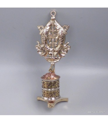 Moulin à prières tibétain mural en laiton – Poisson d’or – 20 cm