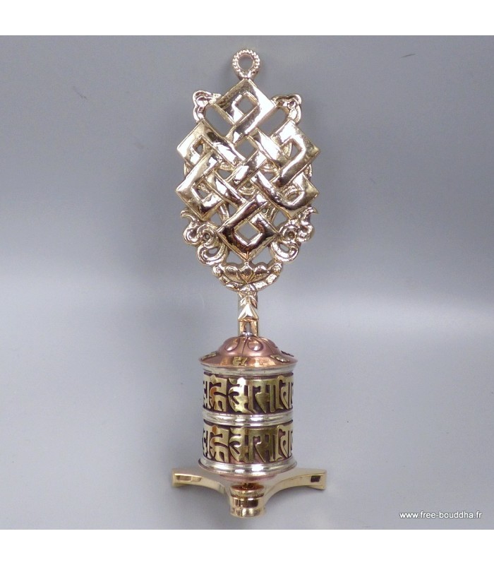 Moulin à prières tibétain mural en laiton – Nœud sans fin – 19 cm