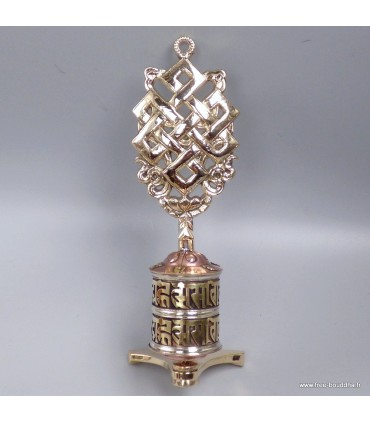 Moulin à prières tibétain mural en laiton – Nœud sans fin – 19 cm