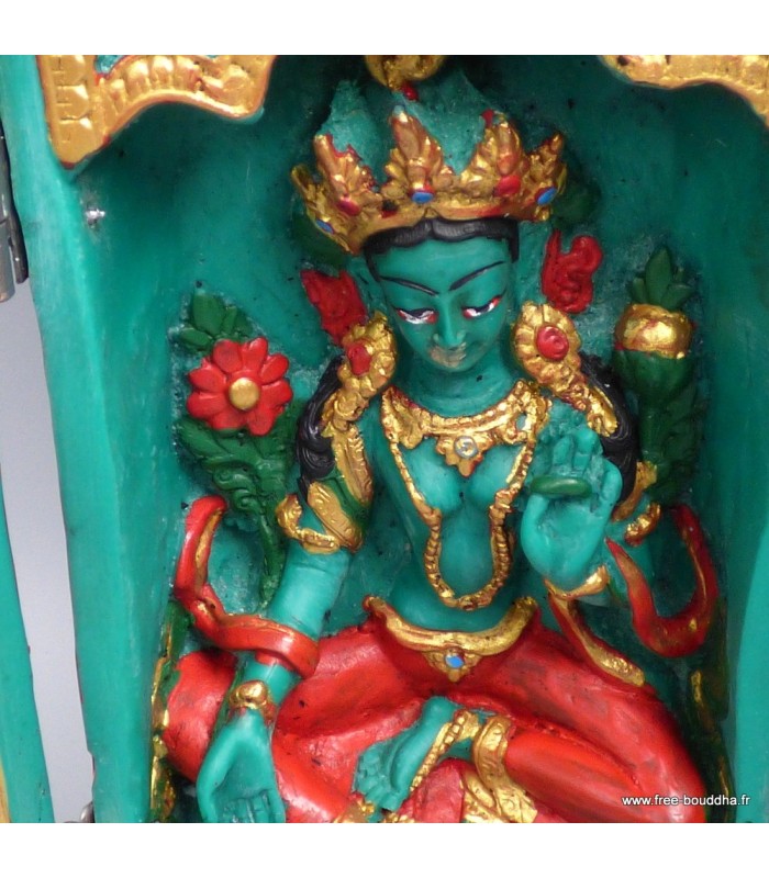 Autel triptyque bouddhiste Tara Verte – Résine artisanale – 20 cm