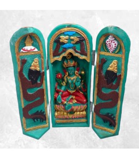 Autel triptyque bouddhiste Tara Verte – Résine artisanale – 20 cm