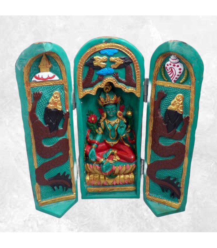 Autel triptyque bouddhiste Tara Verte – Résine artisanale – 20 cm