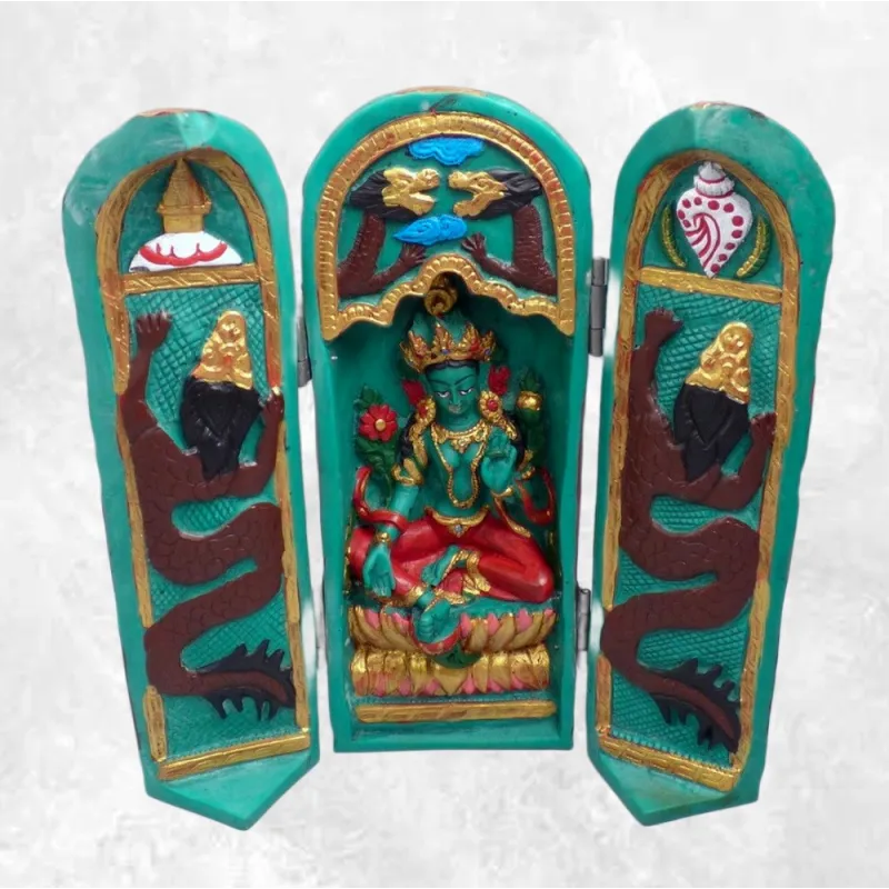 Temple bouddhiste triptyque Tara Verte, peint à la main - Stupas, temples bouddhistes