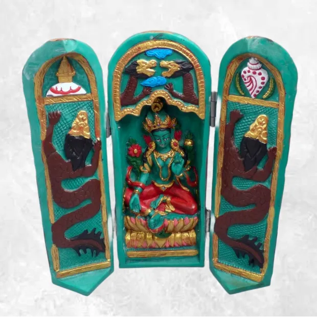 Temple bouddhiste triptyque Tara Verte, peint à la main - Stupas, temples bouddhistes