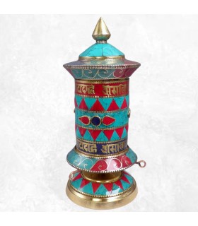 Moulin à prières bouddhiste en laiton et pierres – 17 cm – Népal