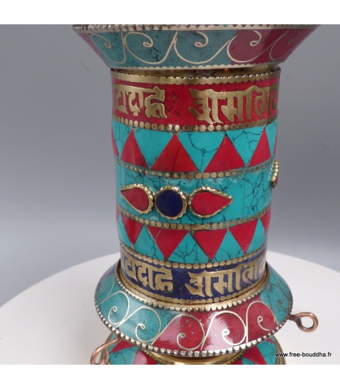 Moulin à prières bouddhiste en laiton et pierres – 17 cm – Népal
