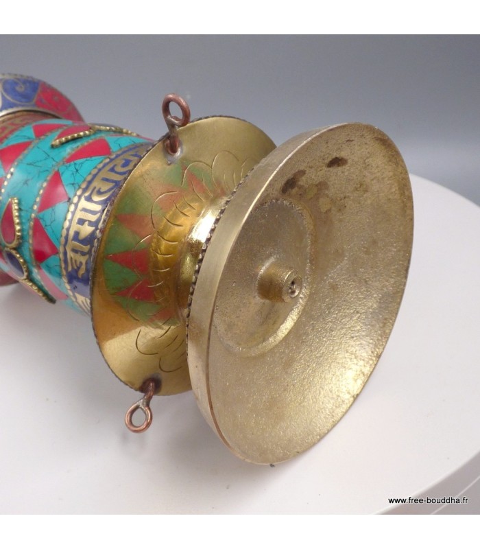Moulin à prières bouddhiste en laiton et pierres – 17 cm – Népal