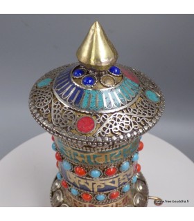 Moulin à prières bouddhiste de table – Laiton pierres naturelles 17 cm