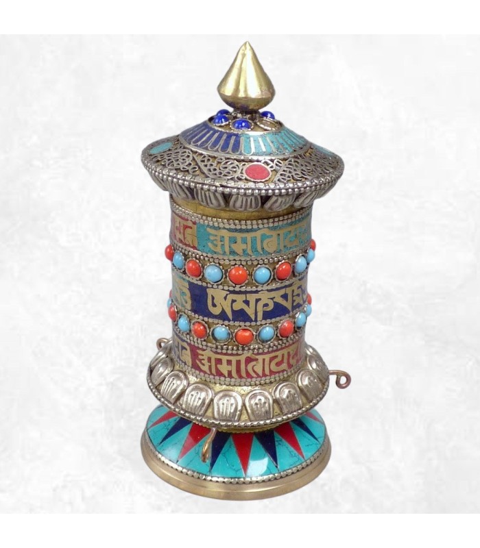 Moulin à prières bouddhiste de table – Laiton pierres naturelles 17 cm