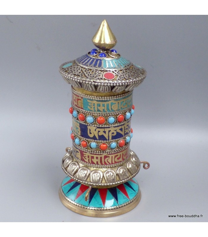 Moulin à prières bouddhiste de table – Laiton pierres naturelles 17 cm