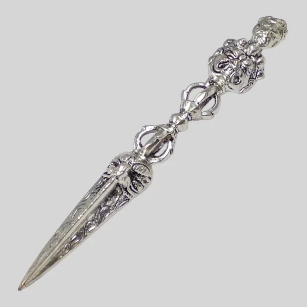 Phurba tibétain authentique bronze plaqué argent 20 cm - Phurba tibétain, dague magique
