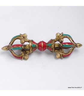 Dorjé tibétain 4 branches 15 cm – laiton et pierres naturelles