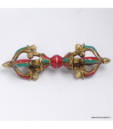 Dorjé tibétain 4 branches 15 cm – laiton et pierres naturelles