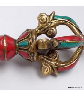 Dorjé tibétain 4 branches 15 cm – laiton et pierres naturelles