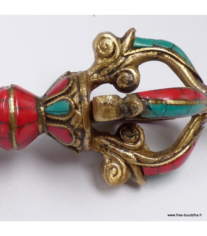 Dorjé tibétain 4 branches 15 cm – laiton et pierres naturelles