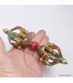 Dorjé tibétain 4 branches 15 cm – laiton et pierres naturelles