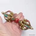 Dorje tibétain 4 branches serti de pierres naturelles 15 cm - Dordjé, double dorjé (sans cloche)