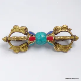 Dorje vajra tibétain 4 branches serti de pierres naturelles 13,5 cm - Dordjé, double dorjé (sans cloche)