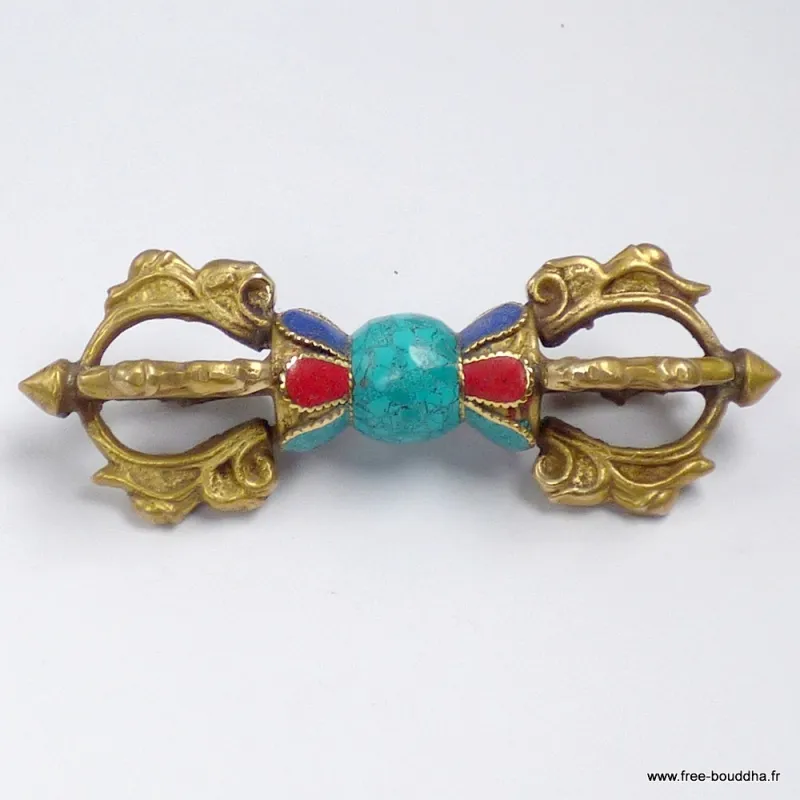 Dorje vajra tibétain 4 branches serti de pierres naturelles 13,5 cm - Dordjé, double dorjé (sans cloche)