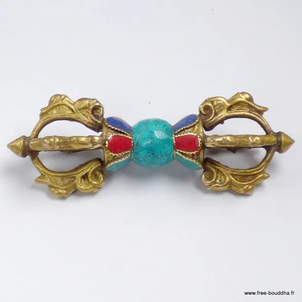 Dorje vajra tibétain 4 branches serti de pierres naturelles 13,5 cm - Dordjé, double dorjé (sans cloche)