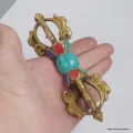 Dorje vajra tibétain 4 branches serti de pierres naturelles 13,5 cm - Dordjé, double dorjé (sans cloche)
