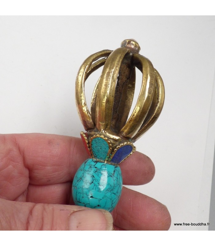 Dorjé tibétain en laiton massif serti de pierres naturelles 14 cm