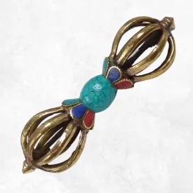 Vajra tibétain 8 branches, pierres fantaisie, 14 cm - Dordjé, double dorjé (sans cloche)