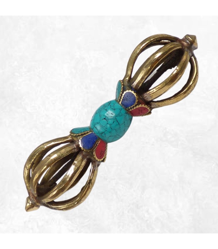 Dorjé tibétain en laiton massif serti de pierres naturelles 14 cm