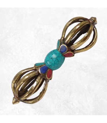 Dorjé tibétain en laiton massif serti de pierres naturelles 14 cm