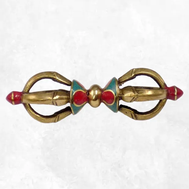 Vajra tibétain de poche 4 branches, pierres fantaisie, 9,5 cm - Dordjé, double dorjé (sans cloche)