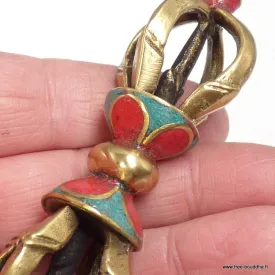 Vajra tibétain de poche 4 branches, pierres fantaisie, 9,5 cm - Dordjé, double dorjé (sans cloche)