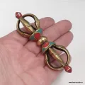Vajra tibétain de poche 4 branches, pierres fantaisie, 9,5 cm - Dordjé, double dorjé (sans cloche)