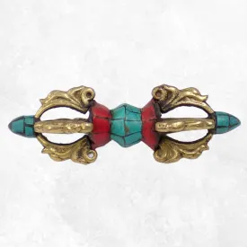 Vajra tibétain de voyage 4 branches turquoise corail 9 cm - Dordjé, double dorjé (sans cloche)