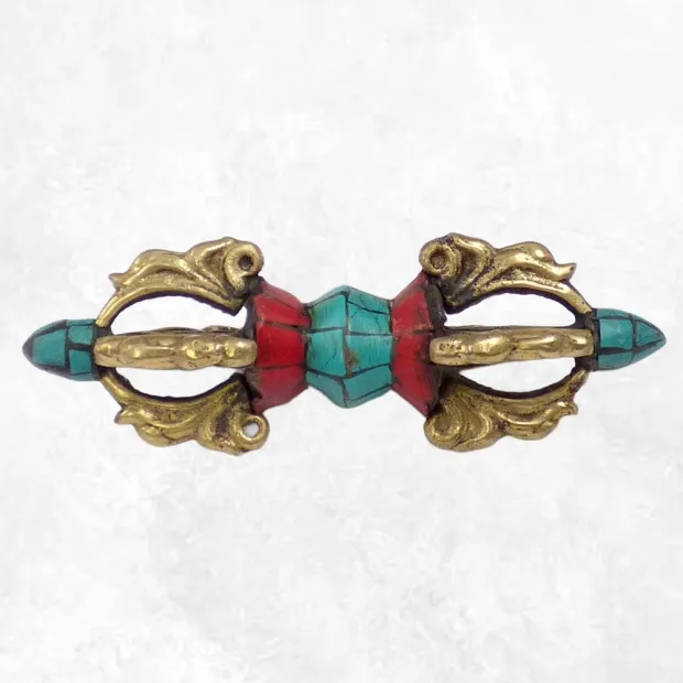 Vajra tibétain de voyage 4 branches turquoise corail 9 cm - Dordjé, double dorjé (sans cloche)