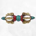 Vajra tibétain de voyage 4 branches turquoise corail 9 cm - Dordjé, double dorjé (sans cloche)