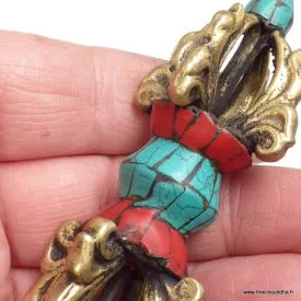 Vajra tibétain de voyage 4 branches turquoise corail 9 cm - Dordjé, double dorjé (sans cloche)