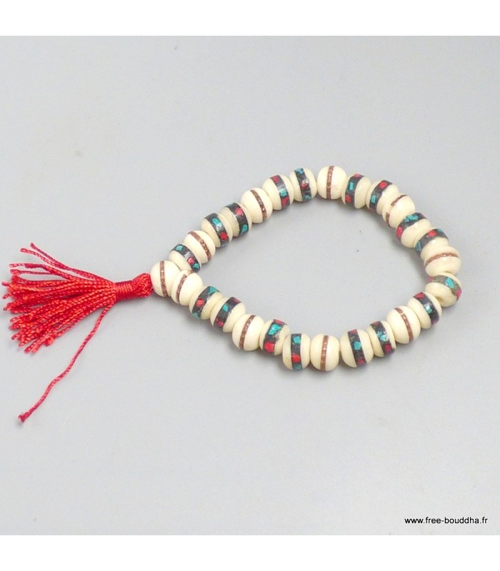 Bracelet mala tibétain en os de buffle blanc, 27 perles népalaises